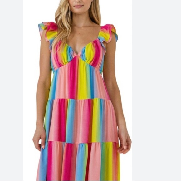 New! Endless Rose medium rainbow ombré stripe maxi dress with fluttery sleeves. - Picture 5 of 11